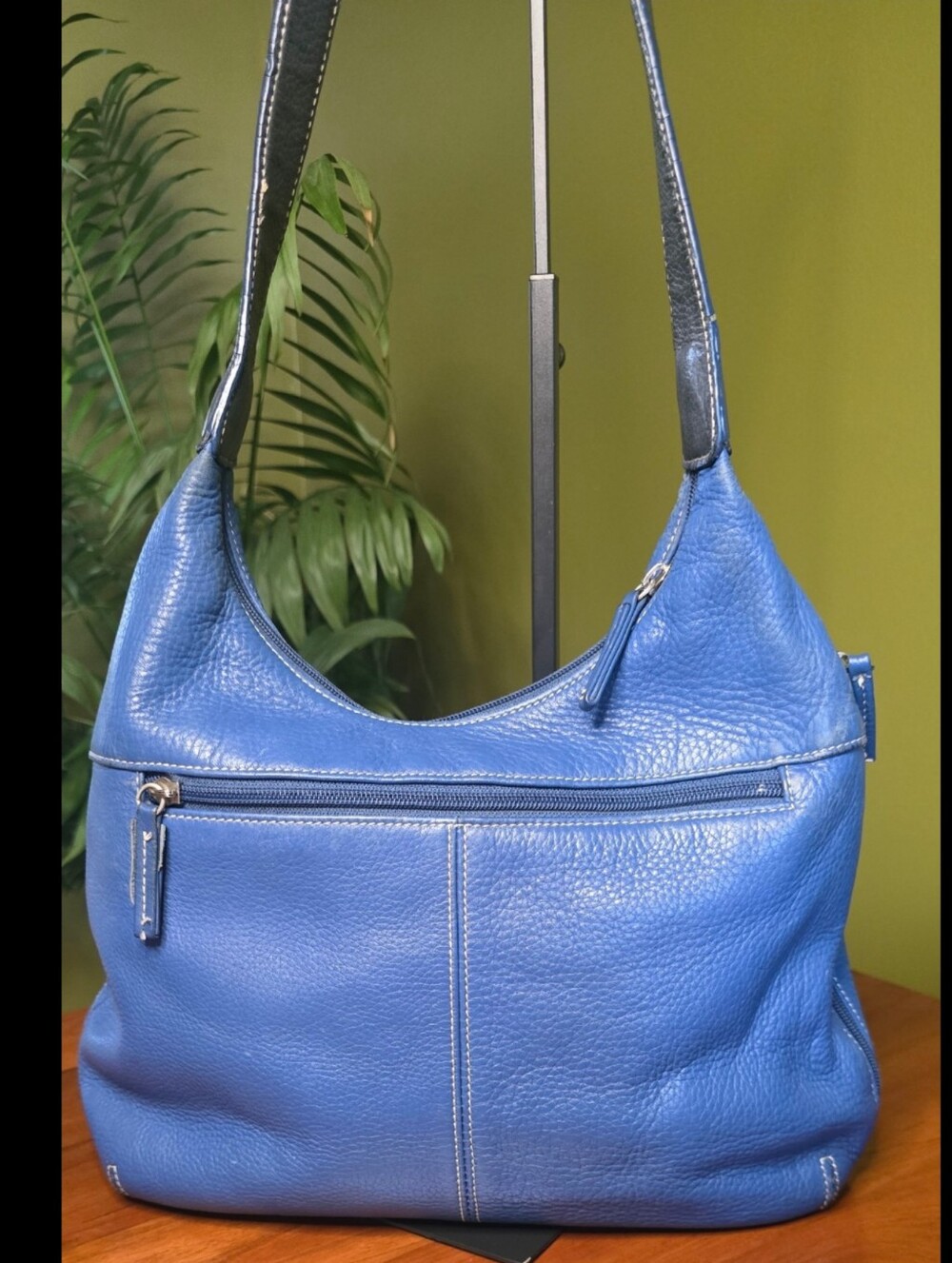 Tignanello Pebbled Leather Shoulder Bag Blue Front Zippered Pocket